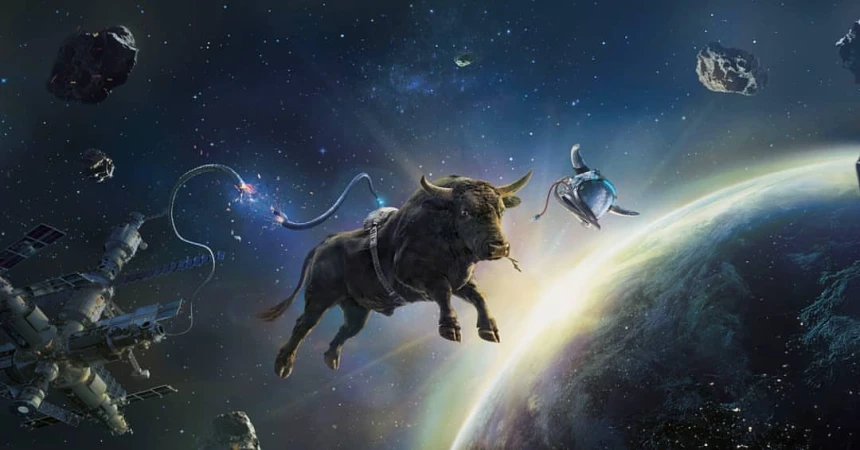 Surreal digital art: A bull in space with an earth background, connected to a spaceship and a space station.