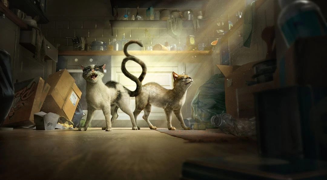 Two computer-generated cats stand in a cluttered kitchen: one white and black with mouth open, the other tan looking upwards.