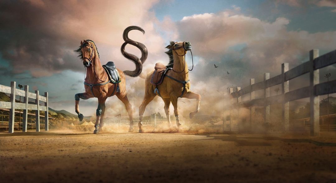 Two brown horses with saddles face each other in a sandy paddock, one with an abstract S-shaped tail, under a cloudy sky.