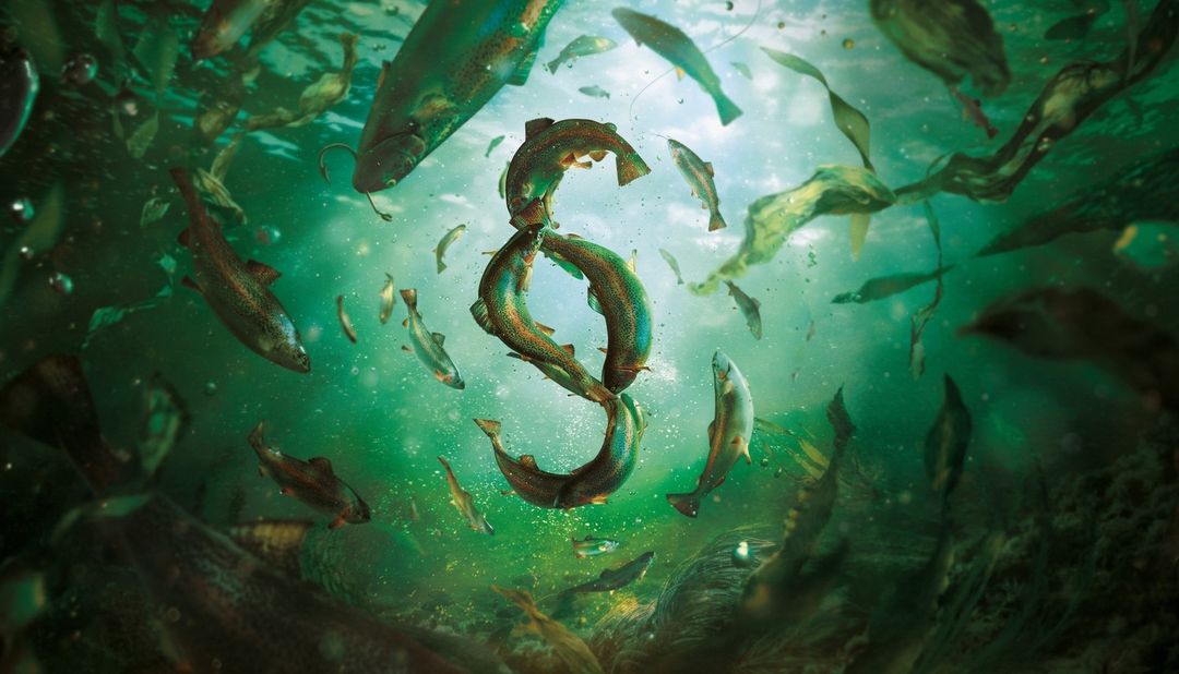 Underwater view of schooling fish, with some of the fish arranged to form a stylized paragraph symbol shape in a green tinted setting.