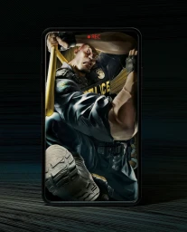A smartphone displaying digital artwork of a police officer holding a baton, captured by Carioca Studio.