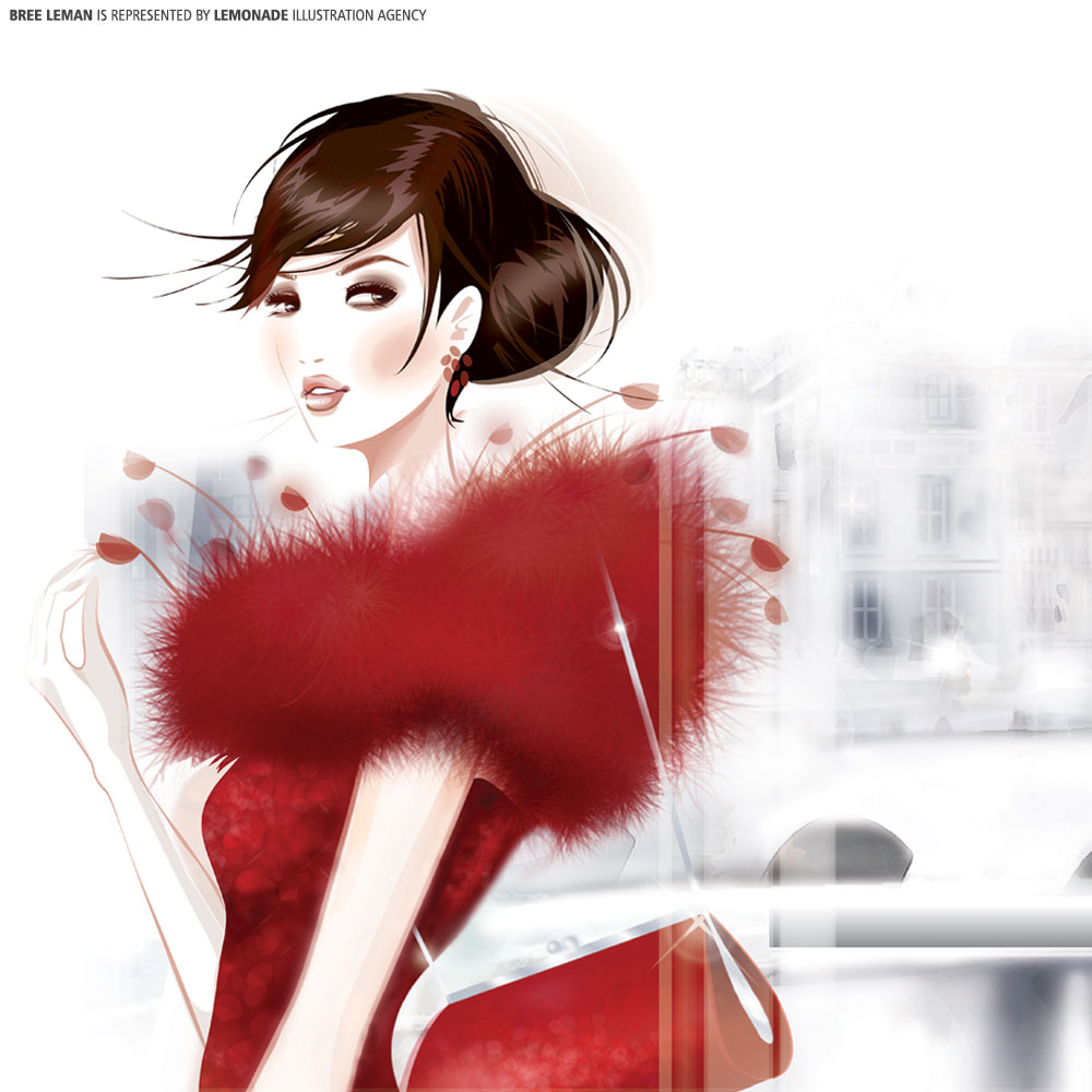 Illustration of a woman with brown hair wearing a red dress and earrings, against a white background with building in the distance.
