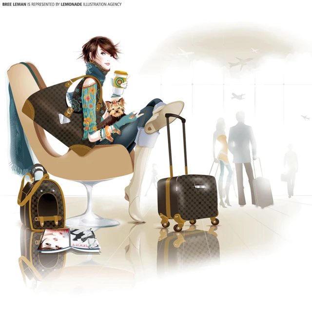 Illustration of a woman with a dog at an airport, sitting with luggage, wearing stylish clothes and boots, in a travel setting.