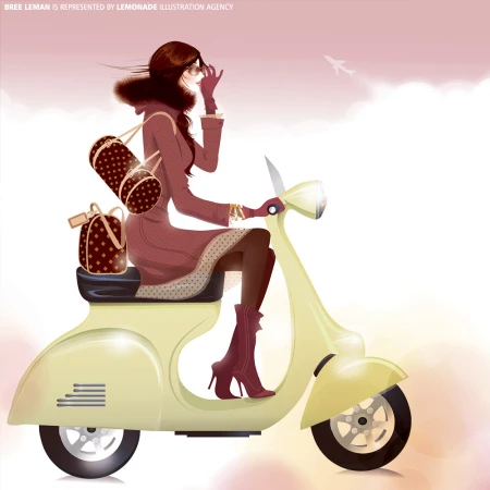 Digital illustration by Bree Leman showing a stylish woman riding a cream scooter carrying monogram pattern luggage