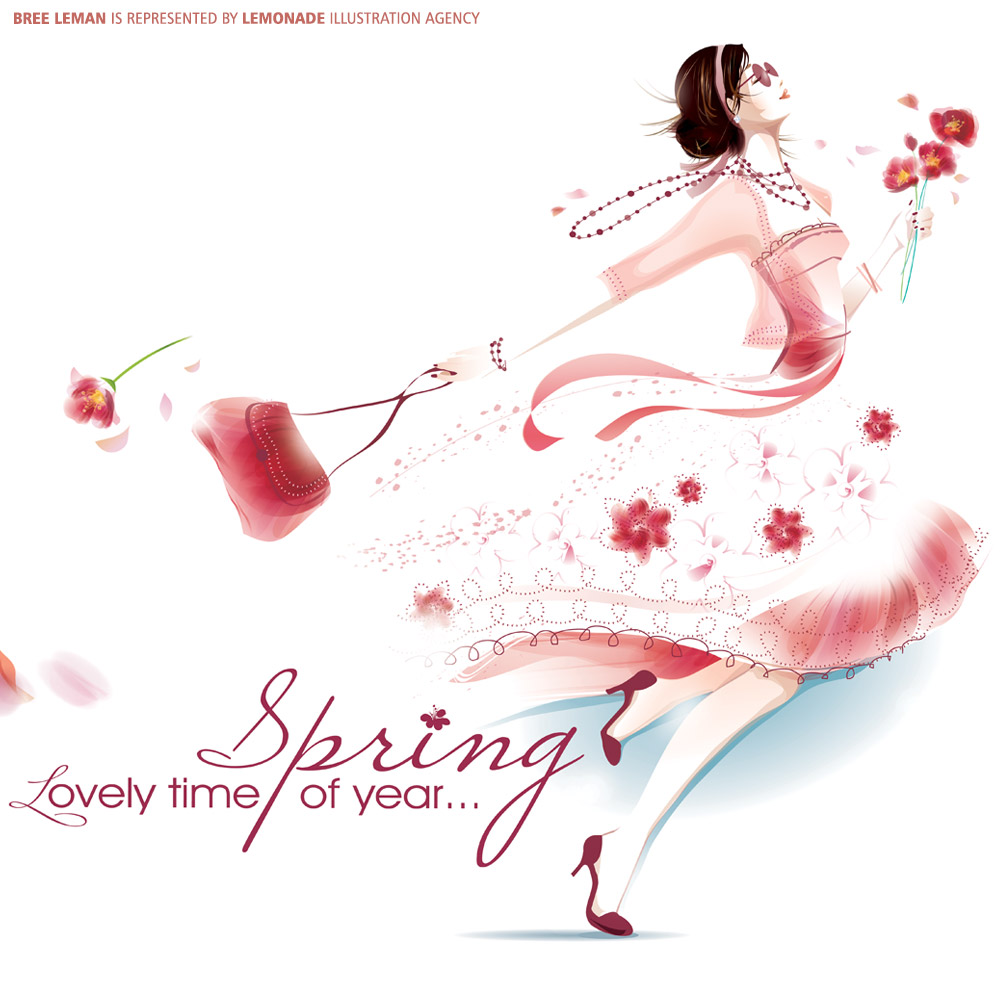 Illustration of a stylish adult female in a pink dress holding flowers, with script text 'Spring, Lovely time of year'.