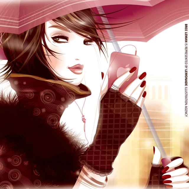 Illustration of a stylish woman holding a phone under an umbrella. The artwork features an elegant design with dark hair and red accents.