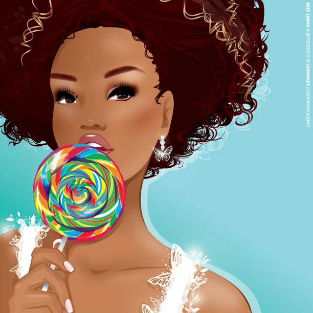 Illustration of a dark-skinned woman with an afro hairstyle holding a colorful lollipop, set against a light blue background.