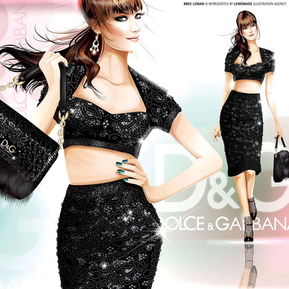 Illustration of a woman in a black Dolce & Gabbana sequin skirt and top, accessorized with a handbag and earrings, striking a stylish pose.