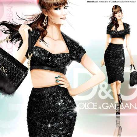 Illustration of a woman in a black Dolce & Gabbana sequin skirt and top, accessorized with a handbag and earrings, striking a stylish pose.