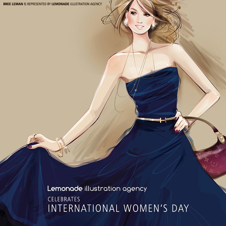 Illustration of a stylish woman in a navy strapless gown with a gold belt, shoulder bag, and jewelry.  International Women's Day advertisement.