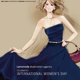 Fashion illustration of a woman wearing a blue strapless evening gown holding a monogram handbag by Bree Leman.