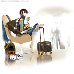 Digital illustration of a stylish woman seated in a terminal holding a coffee cup and small dog with luggage nearby by Bree Leman