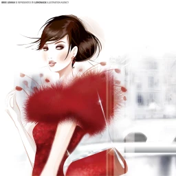 Digital illustration by Bree Leman of a woman in a red feathered dress holding a red handbag.