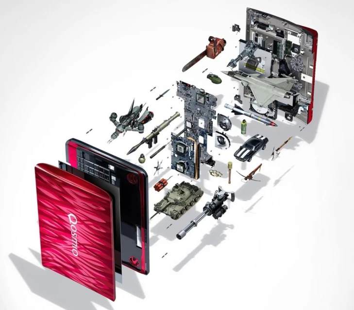 Exploded view of a red laptop showing internal components and miniature war-themed objects such as a tank, fighter plane, and weapons.