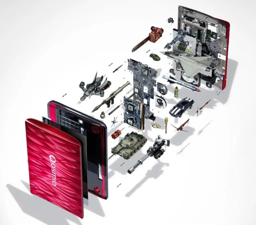 Exploded view of a red laptop showing internal components and miniature war-themed objects such as a tank, fighter plane, and weapons.