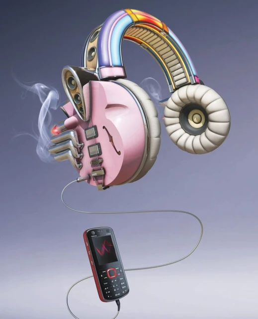 A surreal image showcasing headphones designed as a pink guitar connected by a cord to a red and black mobile phone on gradient backdrop.