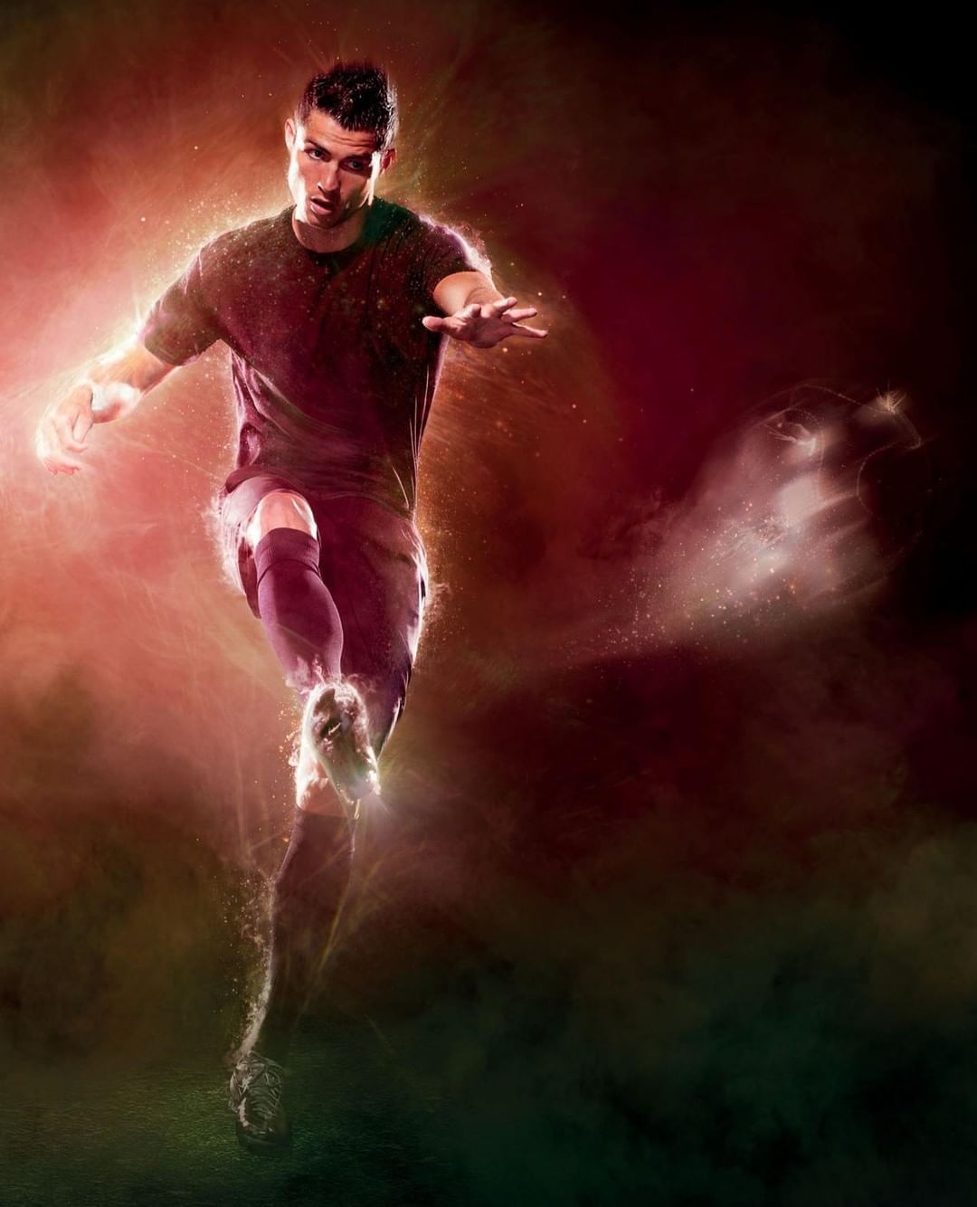 An adult male in athletic wear is kicking a soccer ball in a sports action shot with post-production visual effects and vivid color grading.