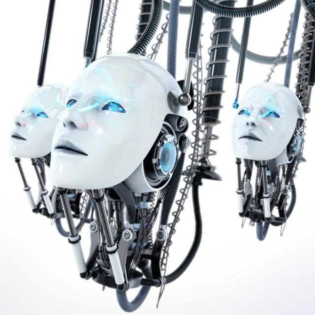 Futuristic rendering shows multiple white humanoid robot heads connected by black tubes against a bright white background in a studio shot.