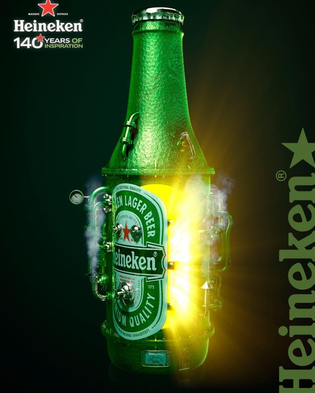Green Heineken beer bottle with steampunk-style metal attachments and bright light emanating from the center on a gradient green background.