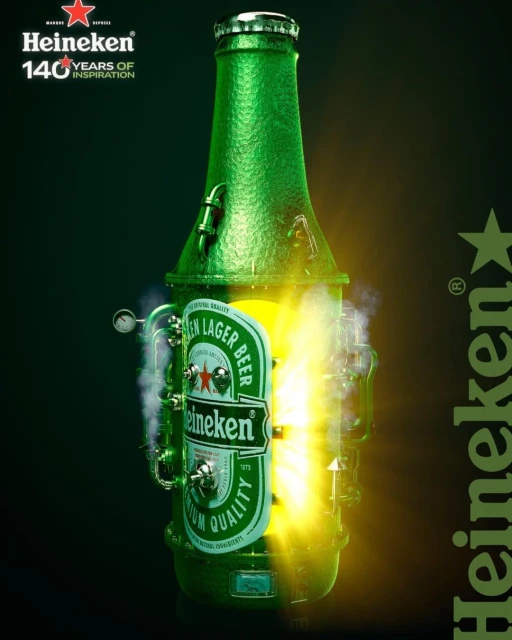 Green Heineken beer bottle with steampunk-style metal attachments and bright light emanating from the center on a gradient green background.