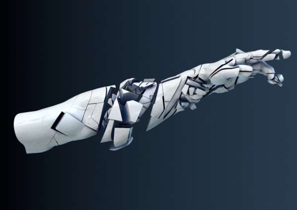Digital art of a segmented human arm extending forward, white and gray tones, against a soft gradient dark blue background.