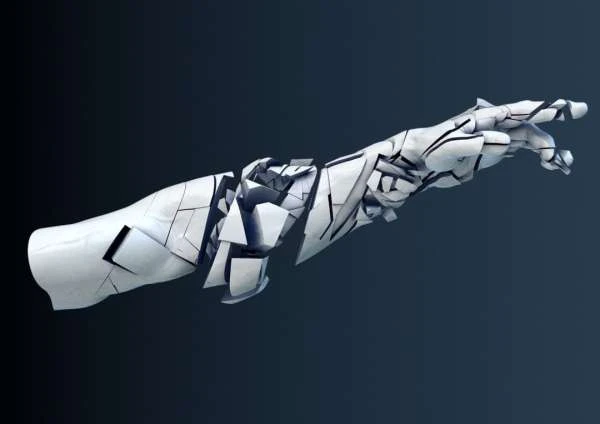 Digital art of a segmented human arm extending forward, white and gray tones, against a soft gradient dark blue background.