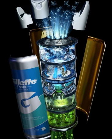 Gillette deodorant can next to a translucent cylinder with product transformation details on a black background in a studio shot.