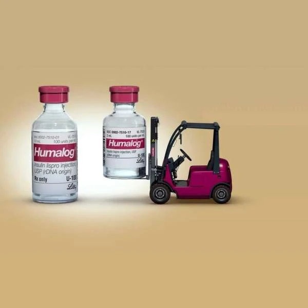 Conceptual medical product shot: Humalog insulin vials, one carried by a miniature purple forklift, isolated on a tan gradient background.