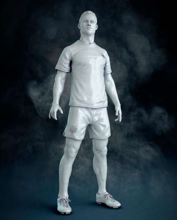 Full-body digital sculpture of an adult male soccer player in uniform with textured smoke in the background, in a studio setting.