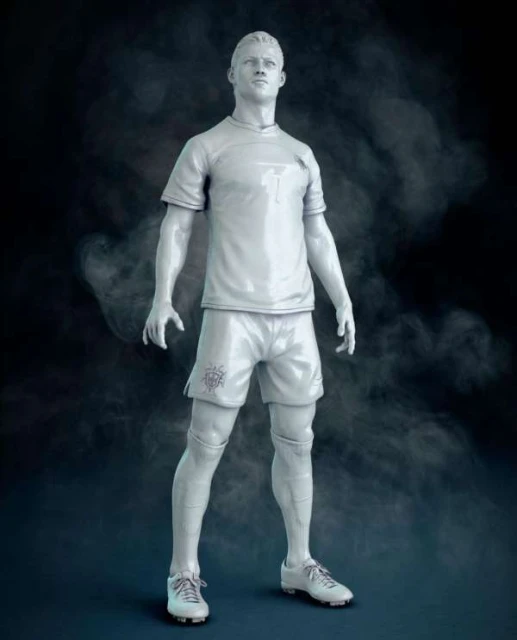 Full-body digital sculpture of an adult male soccer player in uniform with textured smoke in the background, in a studio setting.