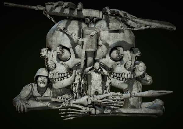 Monochrome computer-generated image features skull sculptures adorned with military gear, including helmets and weaponry, against a dark backdrop.