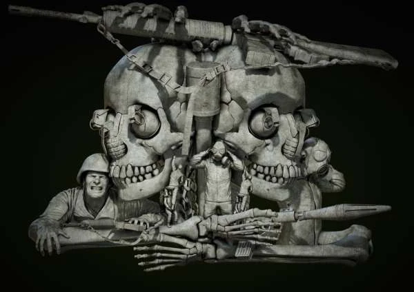 Monochrome computer-generated image features skull sculptures adorned with military gear, including helmets and weaponry, against a dark backdrop.