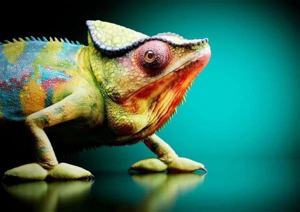 Detailed portrait of a Panther Chameleon with vibrant green, yellow, and orange skin against a blurred teal and black gradient background.