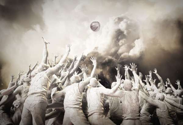 Digital illustration of a large group of people with arms raised, reaching for a basketball, set against a cloudy sky background.