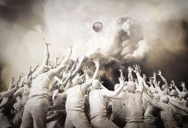 Digital illustration of a large group of people with arms raised, reaching for a basketball, set against a cloudy sky background.