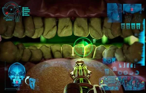 Digital rendering of open mouth, teeth, and tongue shown with targeting graphics in a first-person perspective for healthcare imagery.