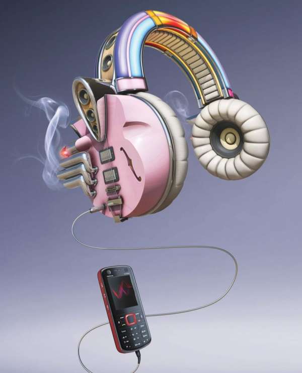 Stylized image of headphones morphing into an electric guitar, connected by a cord to an old cell phone on a neutral backdrop.