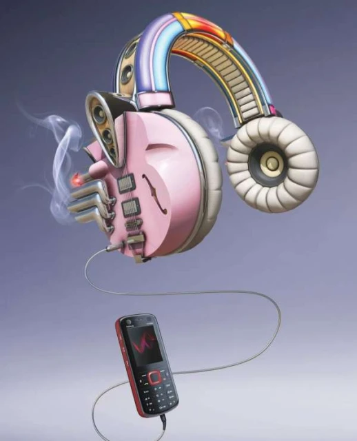Stylized image of headphones morphing into an electric guitar, connected by a cord to an old cell phone on a neutral backdrop.