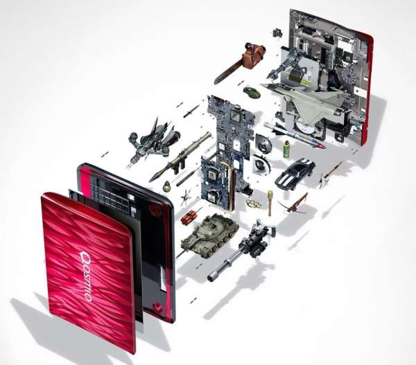 Exploded view of a disassembled computer game console with various components and miniature toy military and racing vehicles.