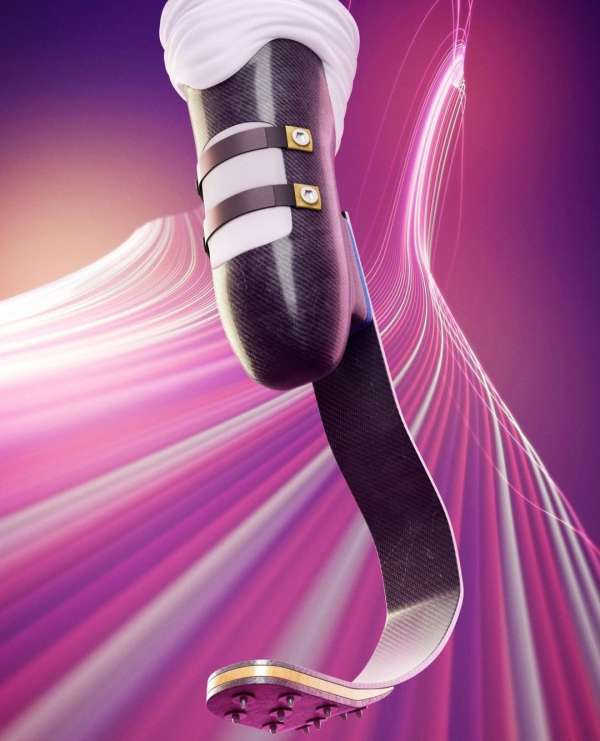A prosthetic running blade with carbon fiber design and white athletic wrap, set against a vibrant gradient background with motion lines.
