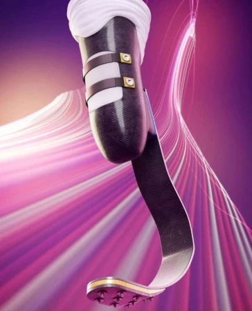 A prosthetic running blade with carbon fiber design and white athletic wrap, set against a vibrant gradient background with motion lines.