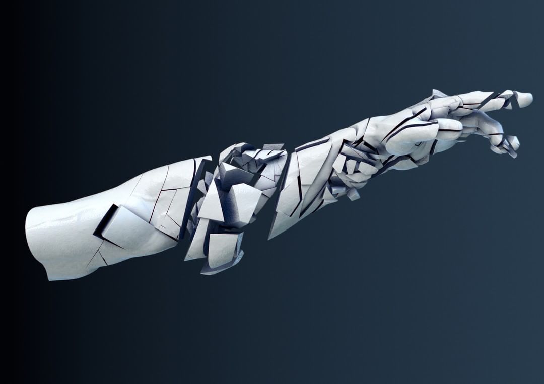 Digitally rendered arm and hand appear fragmented into geometric shards in white and grey against a dark grey background.