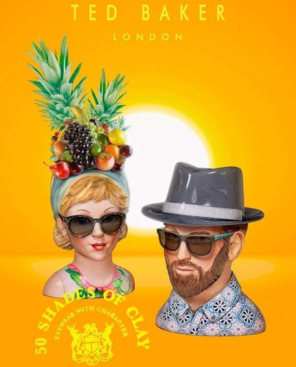 Ted Baker ad features two mannequin heads with sunglasses and hats made of fruit, set against a bright yellow and orange gradient backdrop.