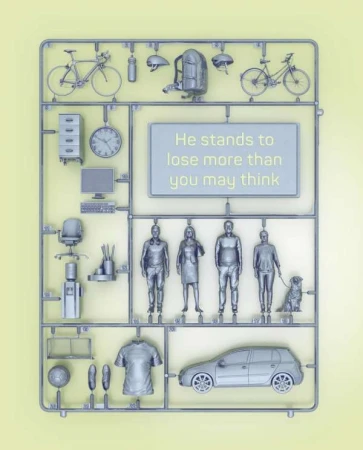 Conceptual art piece: a grey plastic model kit featuring miniature figures, bikes, a car, and office supplies against a yellow backdrop.