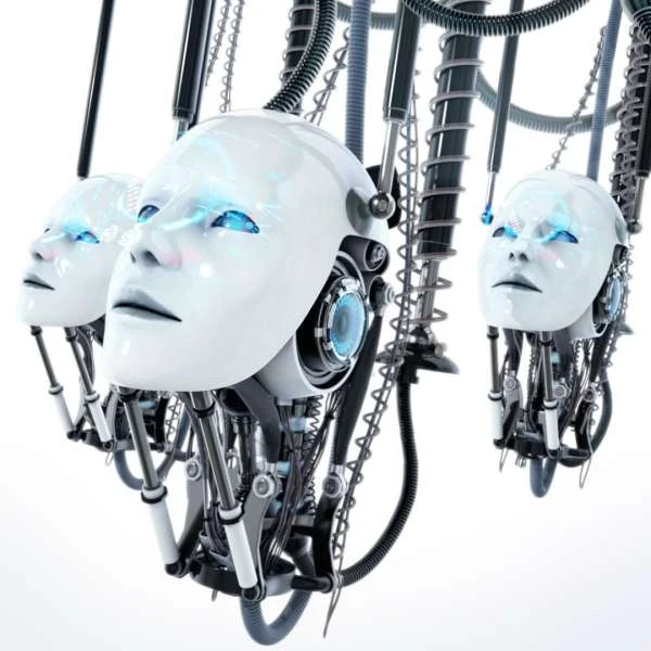 Three cyborg heads with white masks and blue eyes are suspended by metal cables, creating a futuristic and slightly eerie digital art.