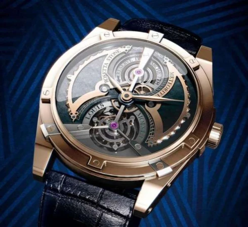 Luxury men's wristwatch featuring intricate gears and metallic accents against a textured blue background, showcasing craftsmanship and detail.