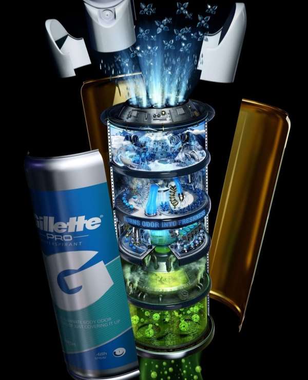 Gillette deodorant can beside a futuristic container with a multi-layered purification process, emanating blue light and floating butterflies.