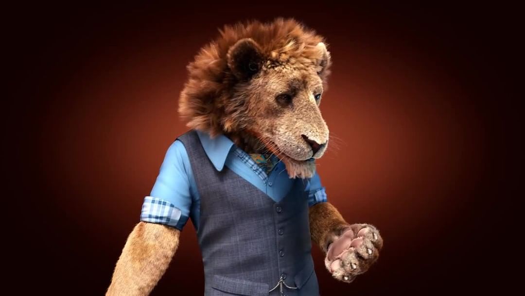Digitally rendered anthropomorphic lion in a blue dress shirt and grey vest against a brown background in a medium studio shot.