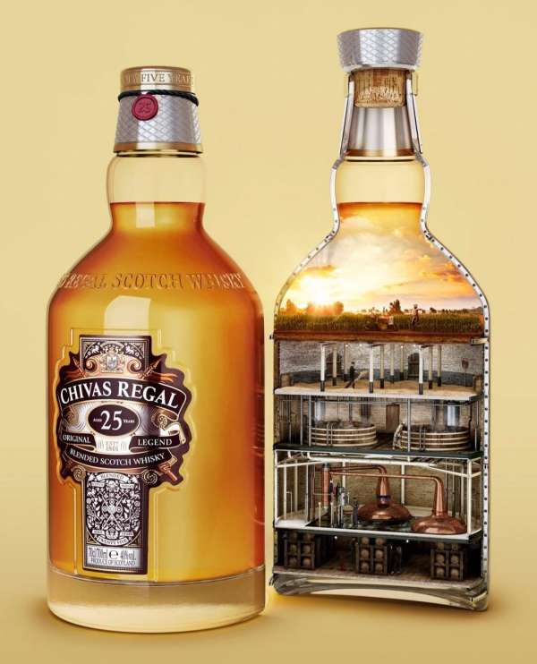 Two Chivas Regal 25 Year Scotch Whiskey bottles on a yellow background, one bottle is cut open to reveal its distillery.