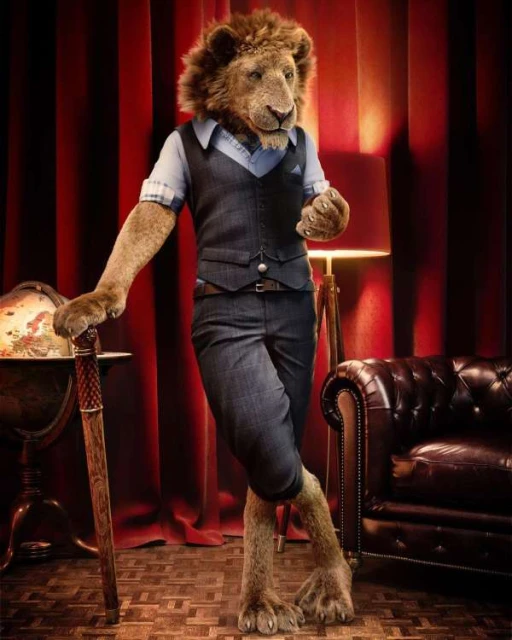 An anthropomorphic lion stands in formal wear leaning on a cane next to a globe and a chair against a curtained wall.